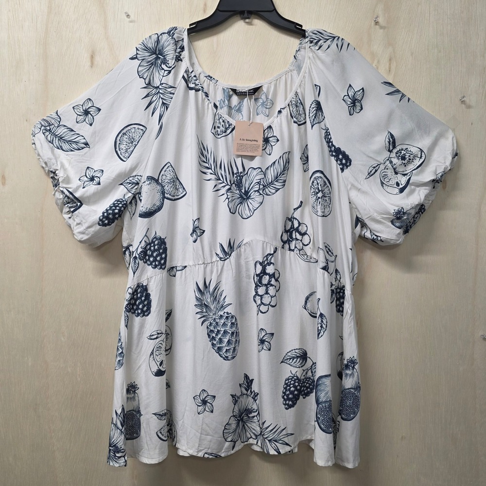 BloomChic Tropical Fruit Floral Tunic Top White Navy Plus Size 22-24 NWT
